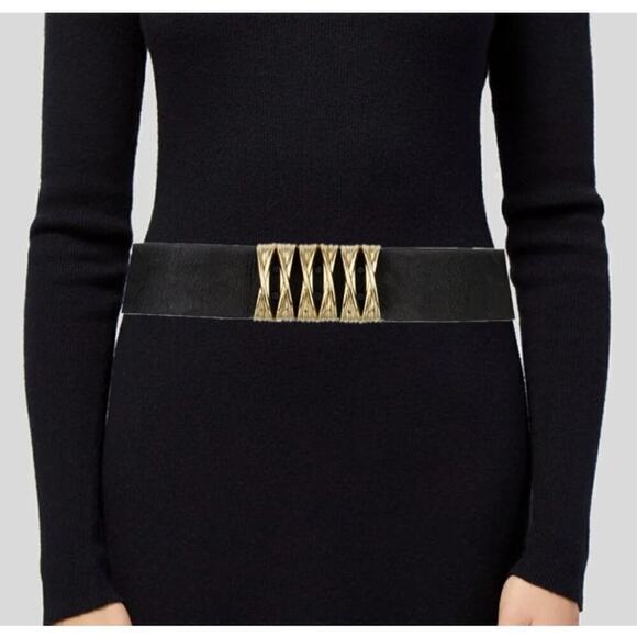 Streets Ahead Black Leather Gold Hardware Waist Belt Statement Elastic Large - Picture 9 of 9
